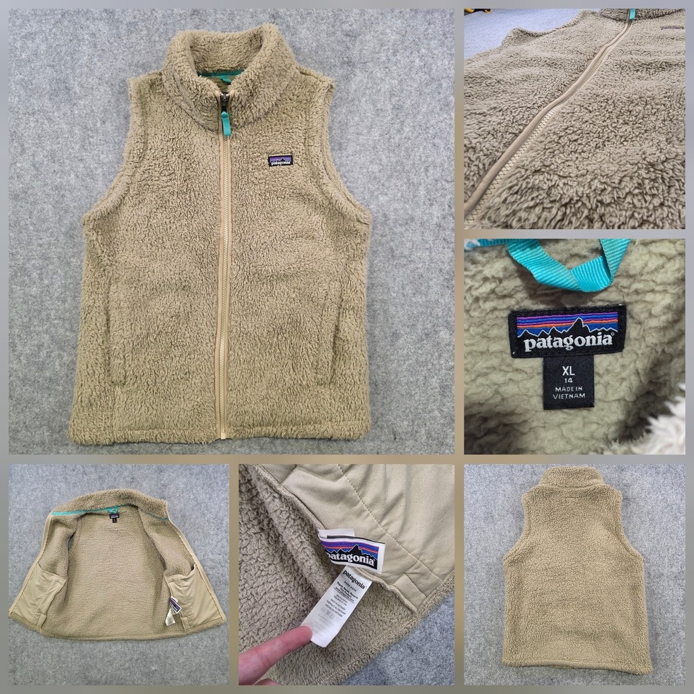 Patagonia Los‎ Gatos Vest Girls XL 14 Beige Sherpa Fleece Full Zip Pockets